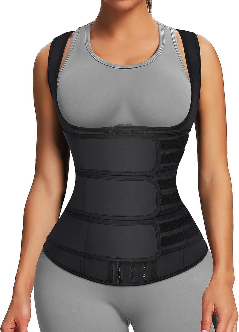 FeelinGirl Waist Trainer for Women Latex Waist Trainers Vest Plus Size Waist Cincher Corset 3 Belts Hooks Steel Bones (XX-Large, Ablack-triple Belts-9 Steel Bones-3 Hooks)