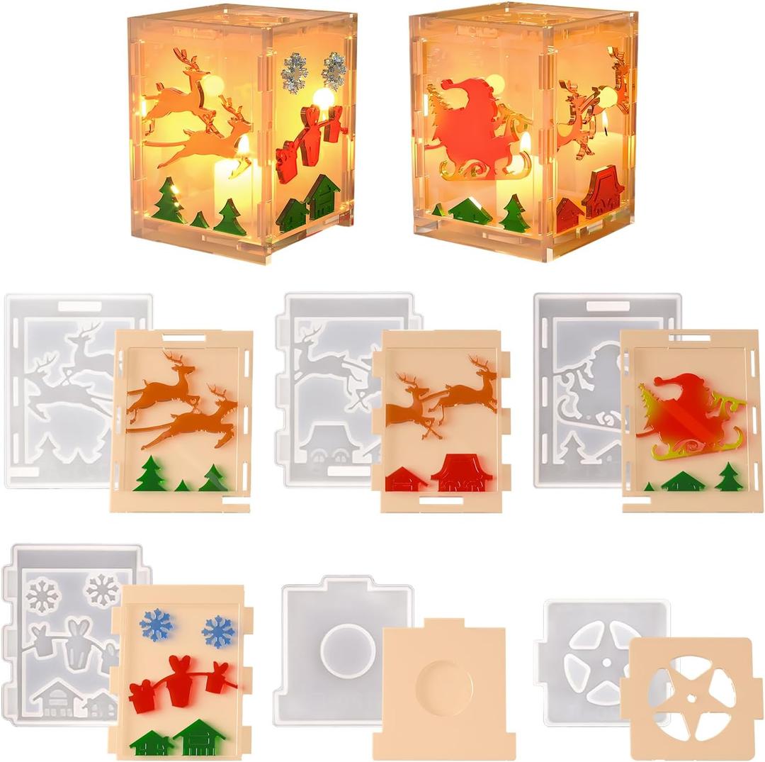 Christmas Lantern Resin Molds, 6Pcs Carved Silicone Molds with Santa Claus Elk Gift Snowflake Pattern, Cube Candles Storage Box Moldes para Resina, DIY Christmas Ornament Home Decor Crafts