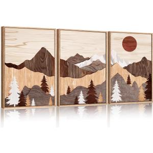 HLNIUC Boho Woodcut Style Mountain Framed Wall Art Set, Modern Sun Pine Tree Canvas Wall Decor, Rustic Forest Wall Painting, Nature Wilderness Art Print for Living Room, Bedroom, Office - 16"x24"x3 HLNIUC Boho Woodcut Style Mountain Framed Wall Art Set, Modern Sun Pine Tree Canvas Wall Decor, Rustic Forest Wall Painting, Nature Wilderness Art Print for Living Room, Bedroom, Office - 16"x24"x3