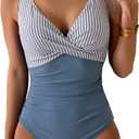 Eomenie Women's One Piece Swimsuits Tummy Control Ruched Push Up Bathing Suit Tie Back Slimming Swimwear (Large, White and Blue Stripe)