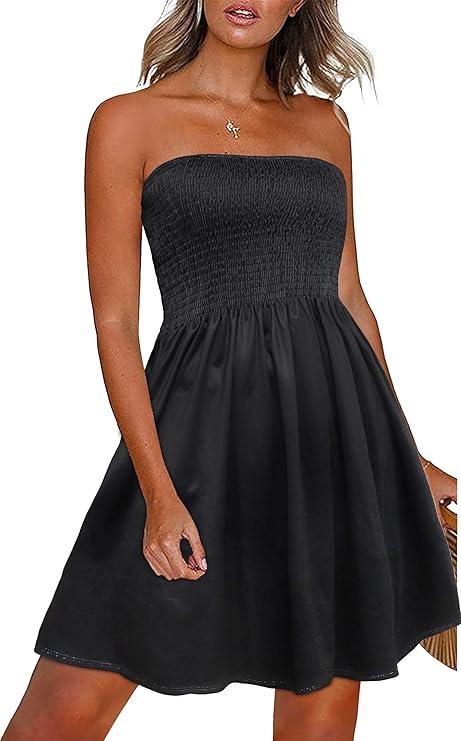 CHICGAL Summer Dresses for Women Beach Cover Ups Strapless Boho Floral Print Sundress (Small, A Solid Black)