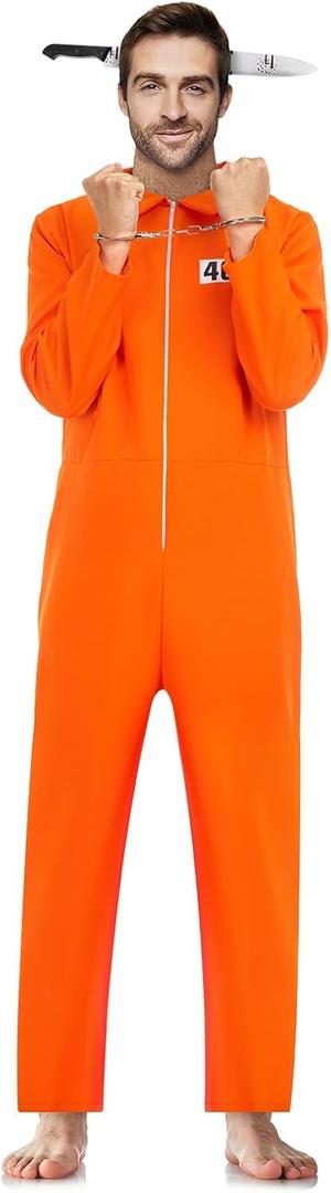 Halloween Costumes for men Prisoner Costume Men  Orange Prisoner Jumpsuit, Scary Headband, Handcuffs (M)
