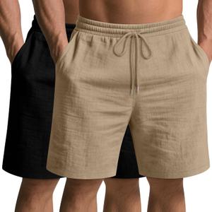 Ficerd 2 Pack Cotton Linen Big and Tall Shorts for Men Drawstring Elastic Waist 7" Summer Beach Bermuda with Pockets (Black, XXL)