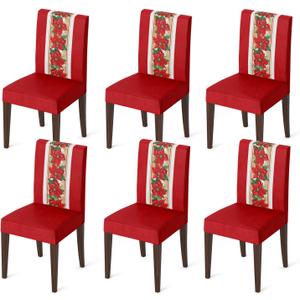 Horaldaily 6PCS Christmas Dining Chair Covers, Watercolor Red Poinsettia Stretch Removable Washable Slipcover Chair Protector for Dining Room Home Decor