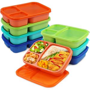 8 Pack Bento Lunch Box Set 3 Compartment Wheat Straw Meal Prep Food Storage Containers Plastic, Microwave and Dishwasher Safe Jewel Brights