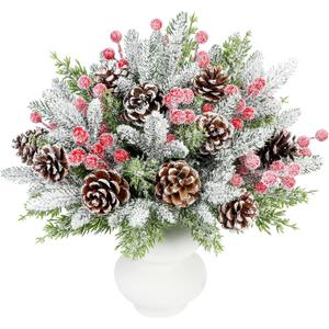 60Pcs Artificial Snowy Pine Branches with Red Berry Stems Pinecones Norfolk Greenery Pine Garland Branches Ornaments for Christmas Tree Wreath Garland DIY Crafts Holiday Home Decoration