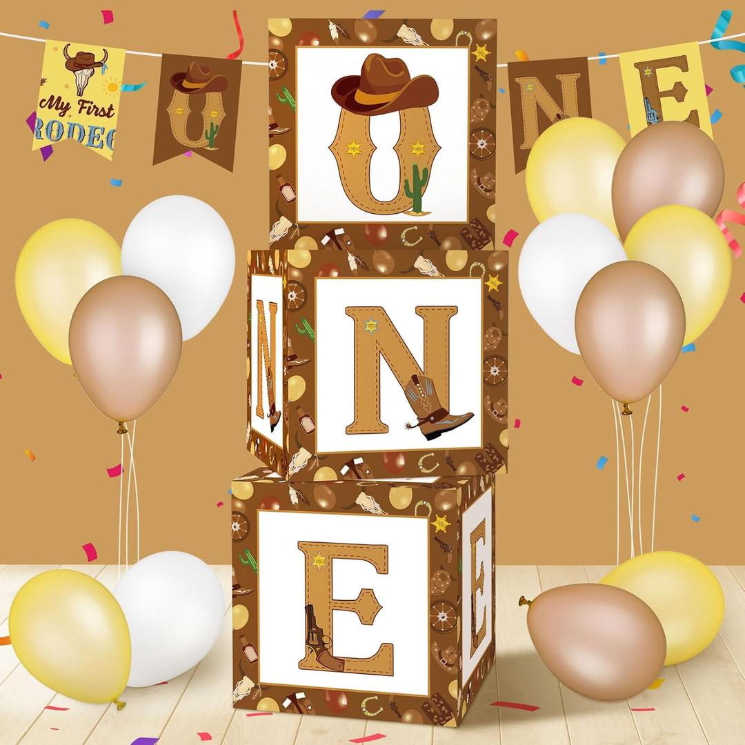 Honoson 3 Pcs My First Rodeo Balloon Boxes with ONE Letters Cowboy 1st Birthday Decorations Birthday Party Decor for Boy Girl Cake Smash Backdrop Baby Shower Photo Prop (Brown)