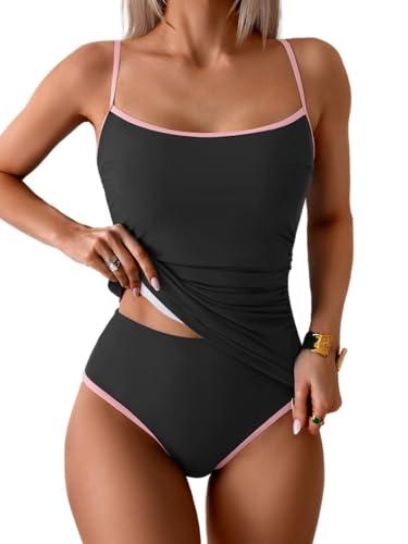 Eomenie Women's Tankini Swimsuits Two Piece Tummy Control Bathing Suit Color Block Slim Swimwear with High Waisted Bottom, M