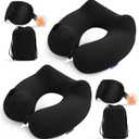 2 Pack Inflatable Travel Neck Pillows for Airplanes, Head Support Velvet Adult Neck Pillows for Long Flight, Kit with Eye Mask, Earplugs and Storage Bag, 2, Black