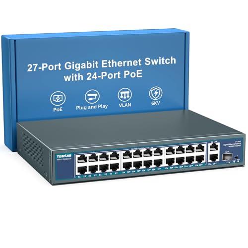 24 Port Gigabit PoE Switch Unmanaged, YuanLey 27-Port Gigabit PoE with 2 Uplink & 1 SFP, Rackmout, Build in 400W Power, Support 802.3af/at, Plug and Play, One-Key VLAN, Metal Case