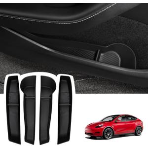 BASENOR 2024-2020 Tesla Model Y Door Side Storage Box with Emergency Button Cutout, Door Organizer Pocket Liners, Waterproof TPE Front & Rear Side Tray Protector Liner, Set of 4