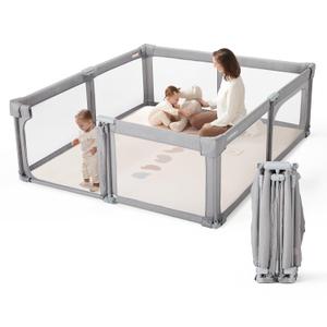 Baby Playpen Portable, Pre-Assembled Play Pen 71x79 Large Foldable Playpen for Babies and Toddlers, Sturdy and Safe Toddler Play Yard Indoor Outdoor with Carry Bag, Light Grey