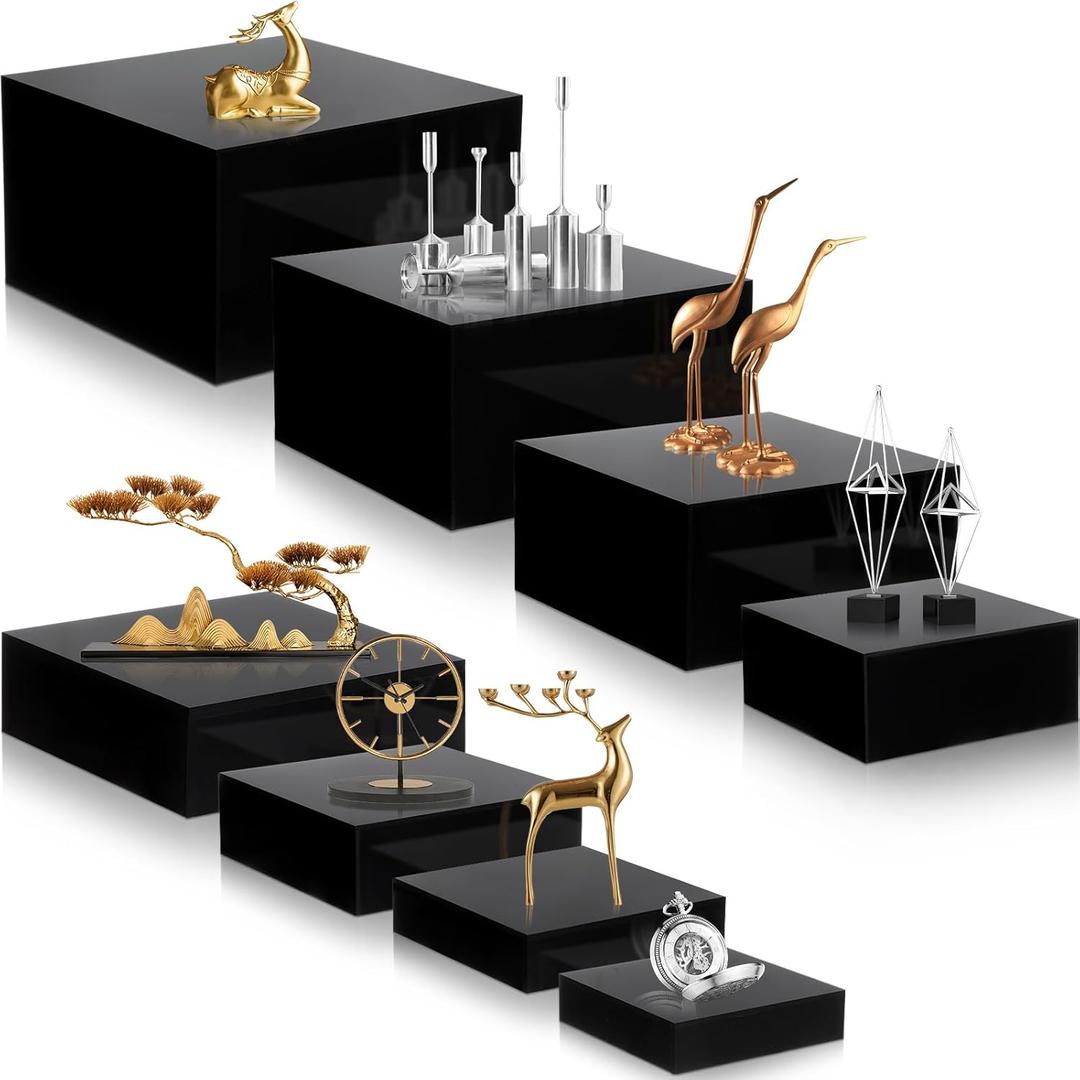 Geelin 8 Pack Acrylic Cube Risers Acrylic Boxes for Food Display Decorative Stands with Hollow Bottoms for Jewelry Food Buffet Risers Display Candy Table Decor, 8 Sizes, (Black)