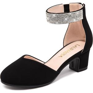Girls Dress Shoes with Rhinestone Ankle Strap Closed Toe High Heels for Little Big Kids Wedding Party (Nubuck Black)