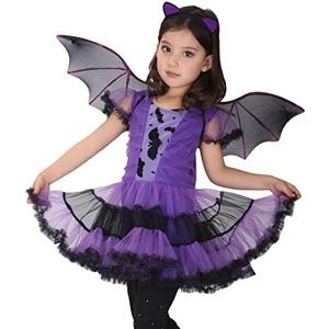 Girls Bat Witch Costume for Kids Halloween Cosplay Fancy Dress up Purple Princess Tutu Dress with Headban and Wings Carnival