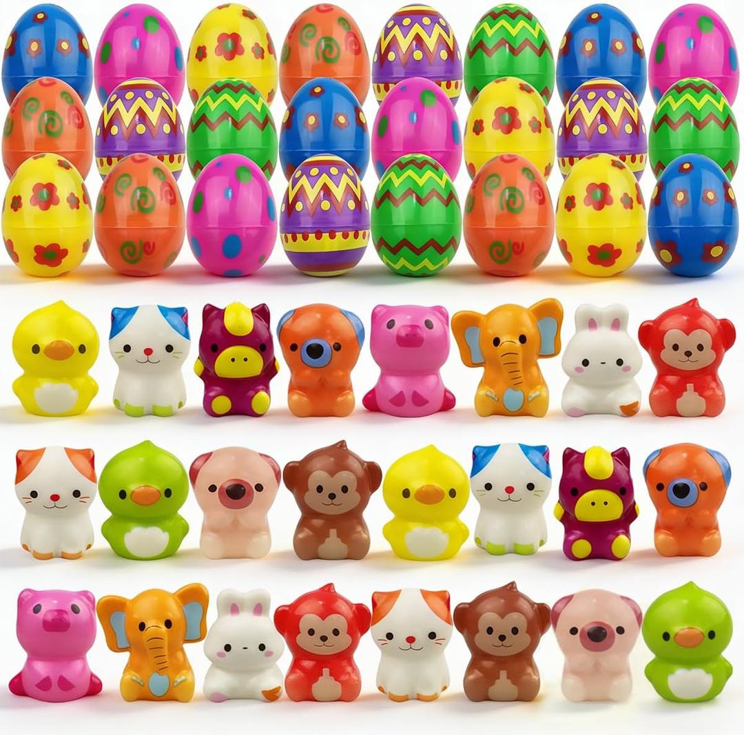 24 Pack Prefilled Easter Eggs with Animal Slow Rising Squishy Toys Inside Stress Relief Squeeze Toys for Kids Girls Boys Easter Basket Stuffers Gifts Party Favors