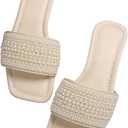 GORGLITTER Women's Pearl Sandals Rhinestone Sparkly Bridal Dressy Slides, 11, Beige Pearl
