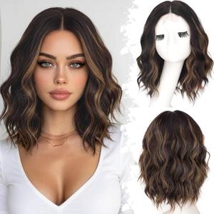 Eawwii Dark Brown with Caramel Highlights Short Wavy Wig for Women Lace Hairline Bob Style Synthetic Heat Resistant - Natural Appearance for Everyday Hairstyle 14 Inch