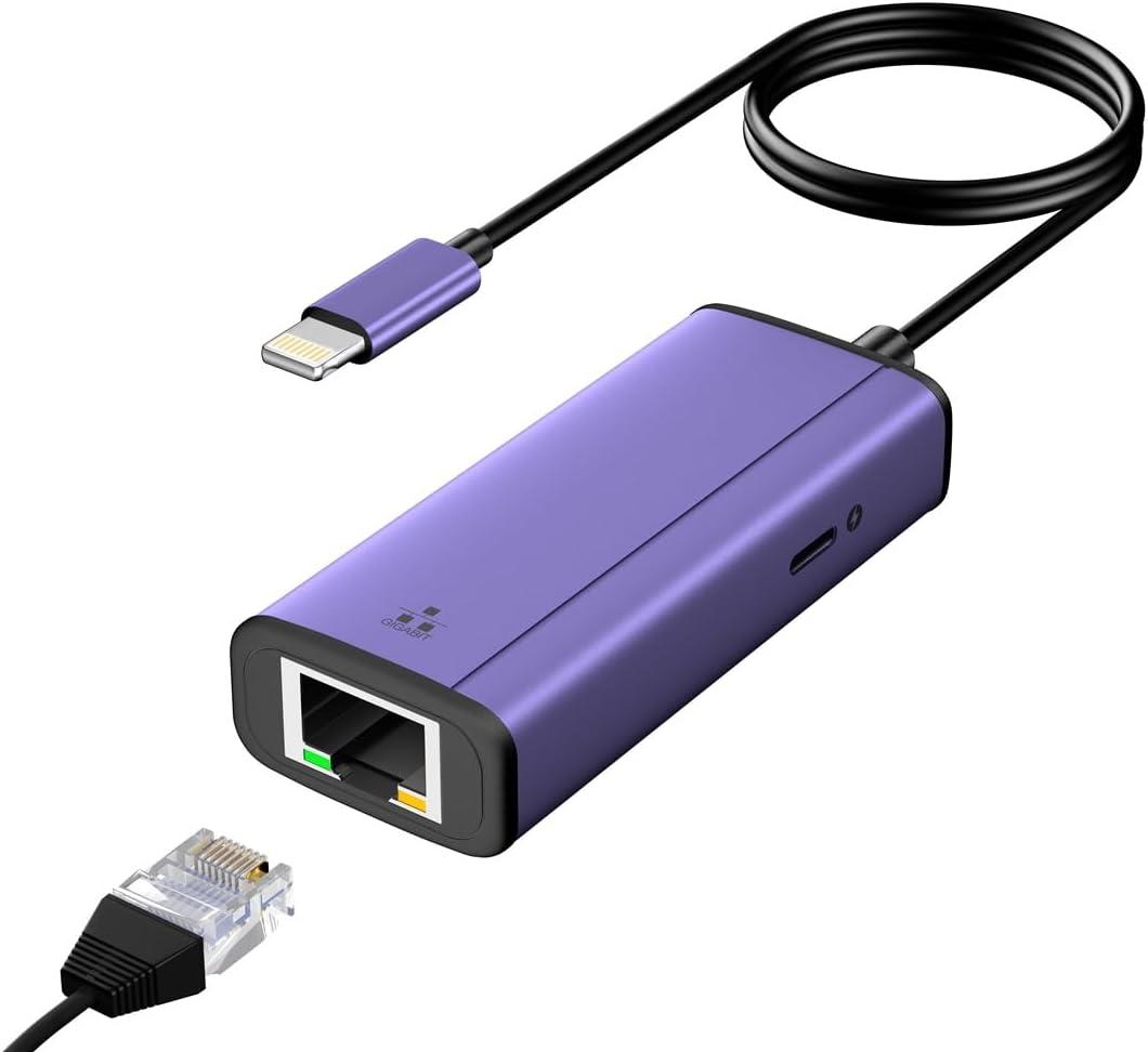 sunshot Lightning to ethernet Adapter, 2 in 1 Lightning to RJ45 LAN Network and Charging Port, Compatible with iPhone/iPad/iPod,Supports 10/100/1000Mbps Supper High Speed Ethernet Network(1.65Ft)