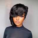 Short Pixie Cut Wig Human Hair Glueless Wigs for Black Women Side Part Natural Black Color Pixie Cut Straight Human Hair Wig with Bangs Short Layered Pixie Wigs Full Machine Made Wigs
