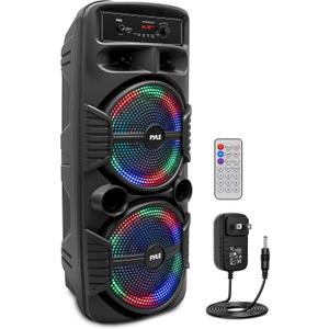 Pyle Portable Bluetooth PA Speaker System-600W Rechargeable Indoor/Outdoor Bluetooth Speaker Portable System w/Dual 8” Subwoofer 1”Tweeter, Microphone in, Party Lights, USB,Radio, Remote-PPHP2835B
