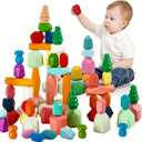 58PCS Montessori Wooden Stacking Rocks Toys Colorful Stacking Stones Building Blocks Games Sensory Toy for Toddlers Educational Learning Toys for 3+ Years Old Kids