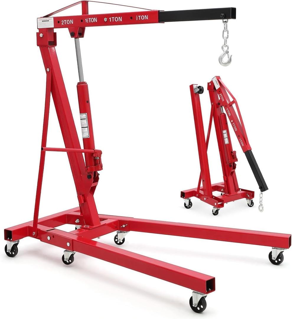 2 Ton Folding Hydraulic Engine Hoist, Load Leveler, 4400 LBS Capacity, Heavy Duty Cherry Picker, 6 Swivel Wheels, Hydraulic Pump Adjustable Boom (0.5t-2t) for Garage Workshop Warehouse (Red)