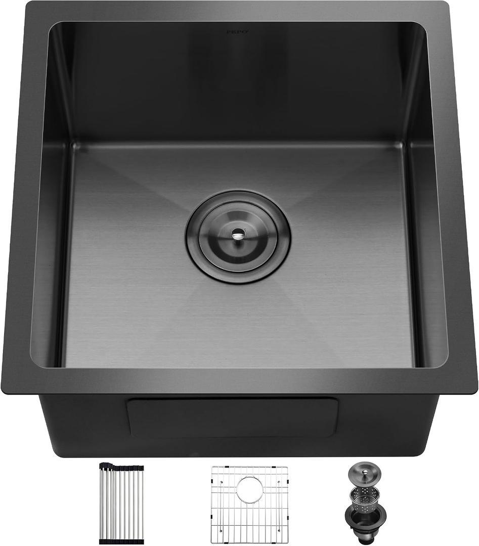 1818 Inch Bar Sink Undermount Black PEPO 16 Gauge Stainless Steel Bar Prep Sink Single Bowl with Drain Accessories for Small Kitchen Sink Wet Bar RV, 18"x18"x9" without Glass Rinser