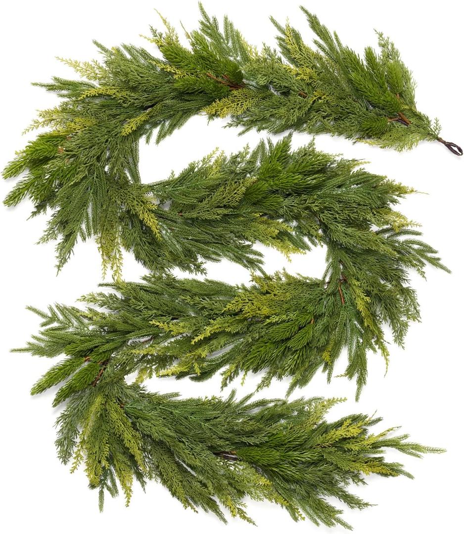 Somikis 9FT Christmas Garland Real Touch Norfolk Pine & Cedar Garland, Artificial Realistic Greenery Garland for Mantle Table Stair Railing Indoor Outdoor Christmas Decorations