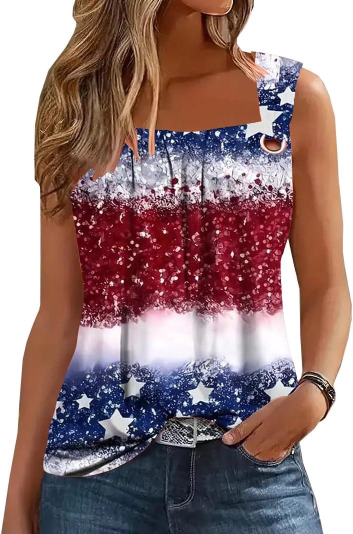Summer Tank Tops for Women Pleated Square Neck O Ring Shoulder Sleeveless Shirts Casual Loose Fit Trendy Blouses, 2XL