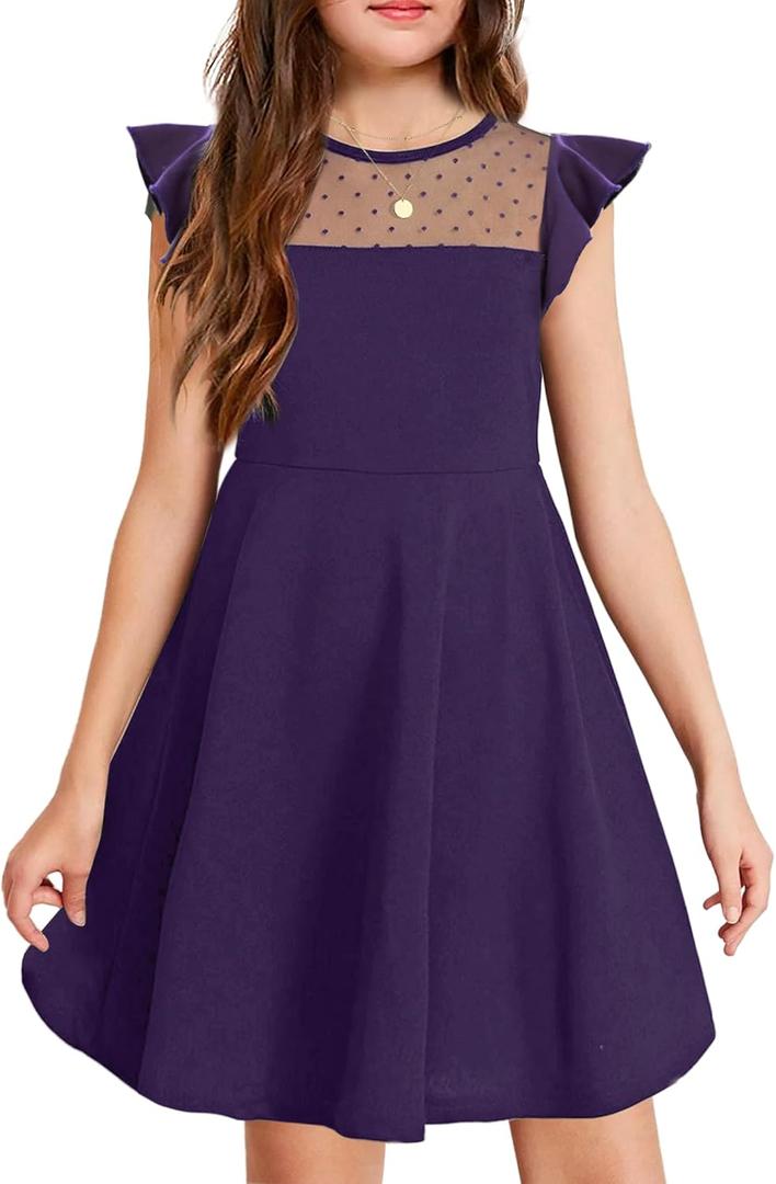 Arshiner Girls Dress Summer Ruffle Sleeve Mesh A Line Casual Party Dresses with Pockets 6-7