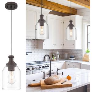 zeyu 1-Light Pendant Light Fixtures for Kitchen Bedroom, Farmhouse Hanging Pendant Light, Clear Glass Shade, Oil Rubbed Bronze Finish, ZG33M1L-L ORB (6.3 Inch | 1 Pack)