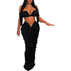 Tcremisa Women's Sexy Summer 2 Piece Vacation Outfits Stretch Off Shoulder Tube Top and Long Ruched Skirts Suit Set (Black), Small