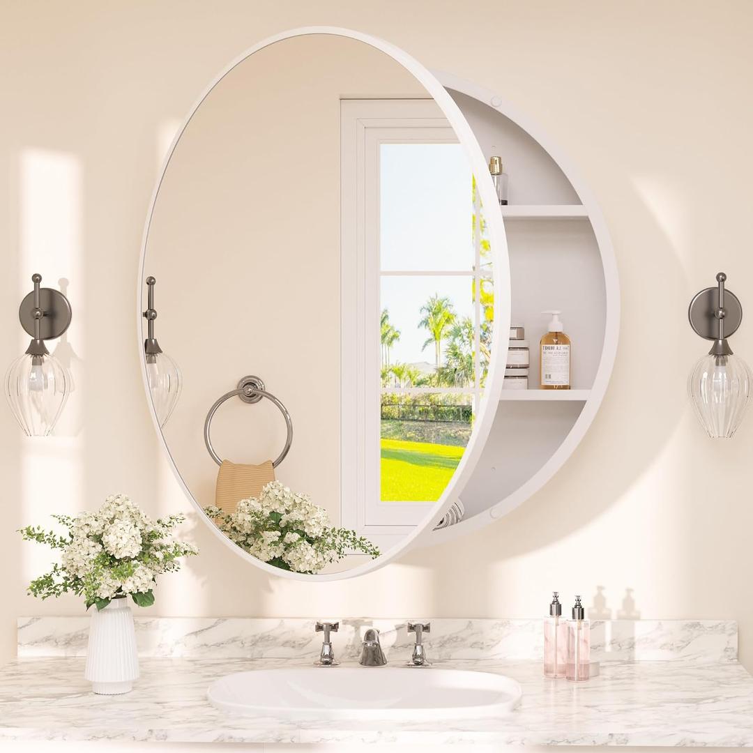TETOTE Bathroom Mirror Cabinet 28 x 28 White Round Bathroom Medicine Cabinet with Mirror Adjustable Shelves Farmhouse Wall Mirror with Storage Surface Mounted