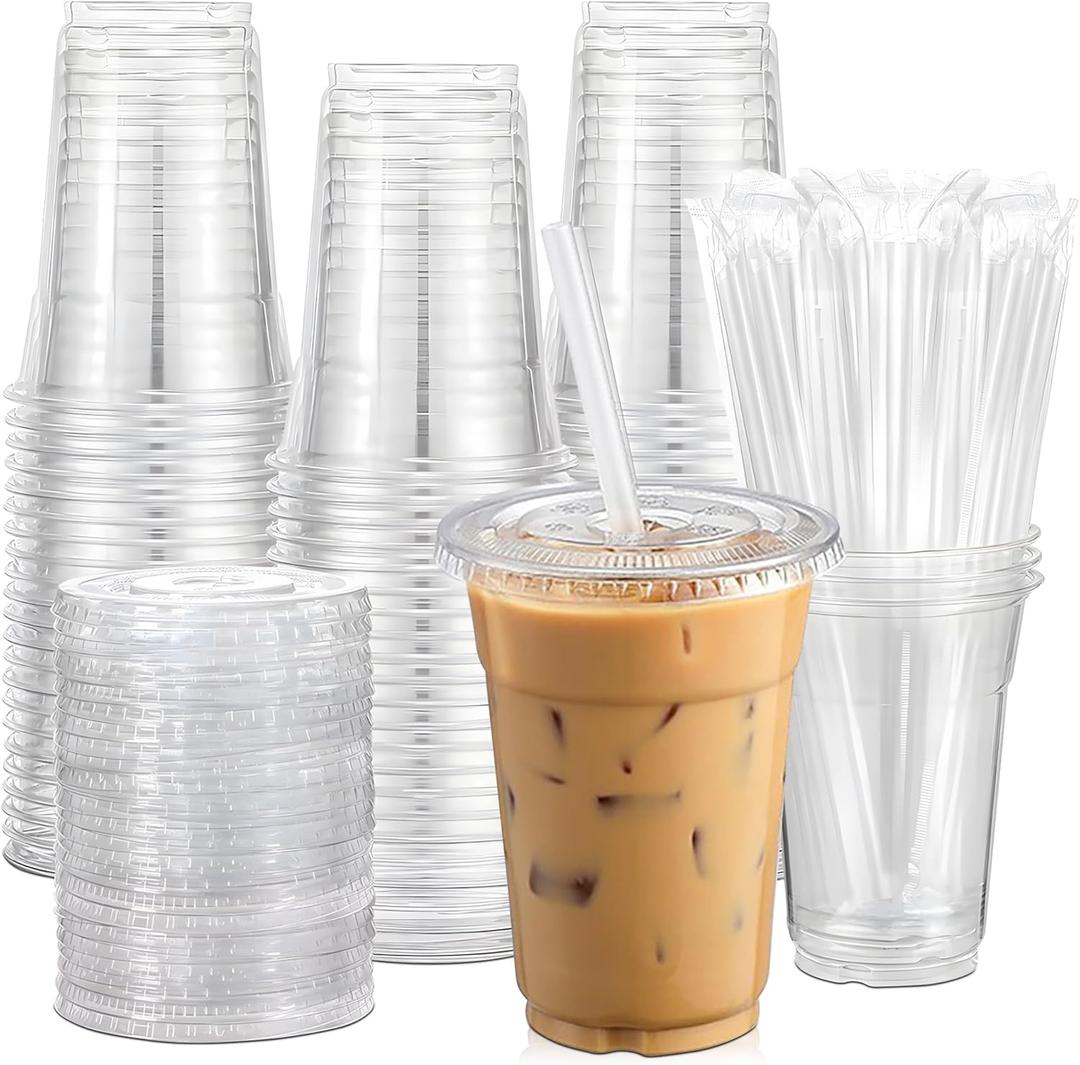 50-Pack Clear Plastic Cups with Lids and Wrapped Straws BPA Free (16 oz)  Disposable Drink Cups for Parties, Events, and Cold Beverages