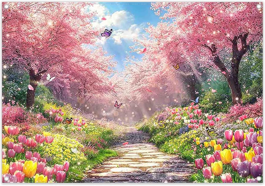 7X5ft Spring Scenery Backdrop Garden Cherry Blossom Tree Path Butterfly Tulip Photography Background Kids Baby Shower Wedding Party Decorations Photo Banner Props