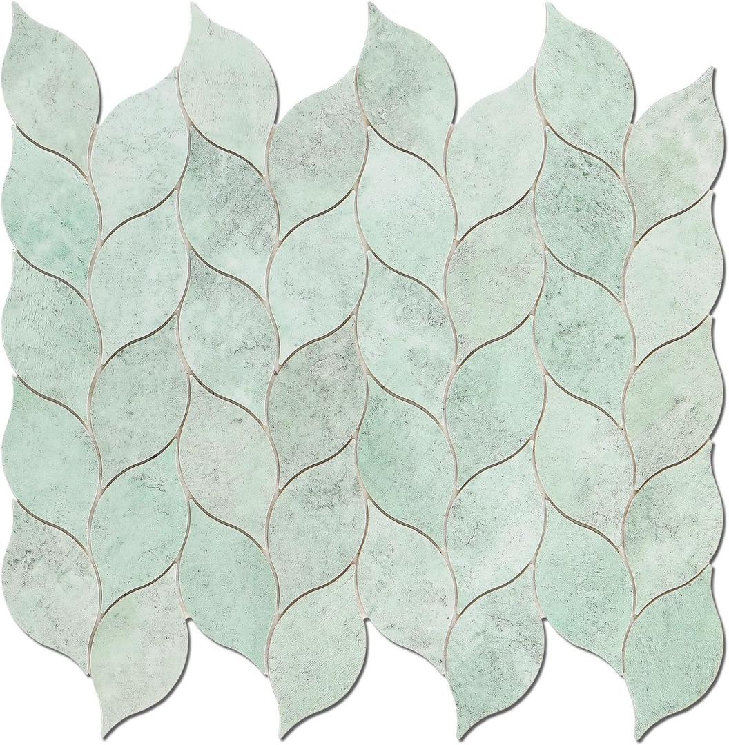 Tilingview 10-Sheet Peel and Stick Backsplash Tile for Kitchen, Self-Adhesive Mosaic Glossy Leaf Stick on Wall Tile with Gaps (Light Green)