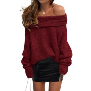 PRETTYGARDEN Women's Off The Shoulder Sweater Long Sleeve Tops 2026 Fall Loose Knit Pullover Sweaters Winter Clothes (Medium, Wine Red)