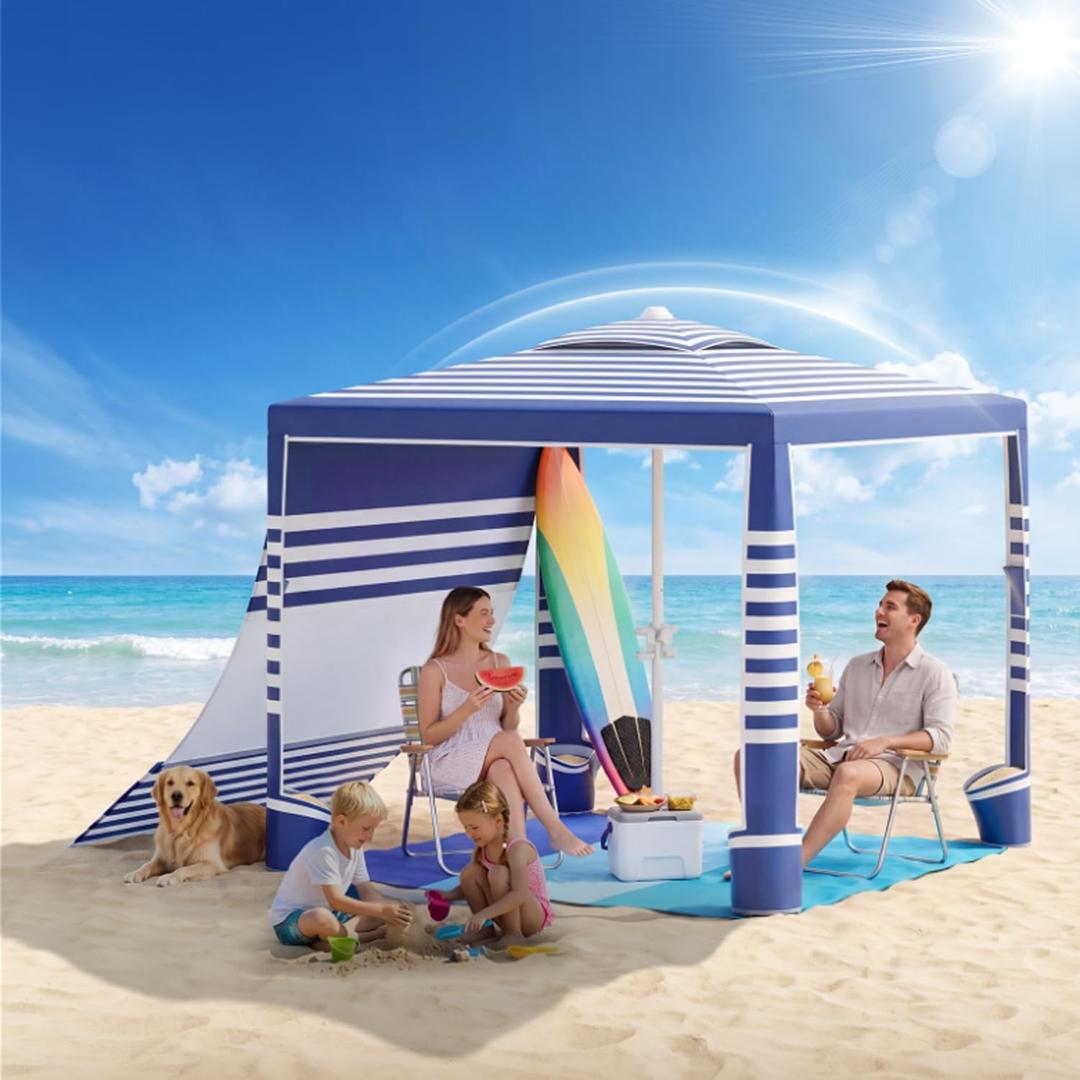 Beach Cabana,8 x 8 ft Large Pop Up Beach Canopy Tent for 6-8 People, UPF 50+ Beach Tent Sun Shelter with Sidewall, Wind Resistant Beach Shade, Reinforced Frame, Portable with Carry Bag
