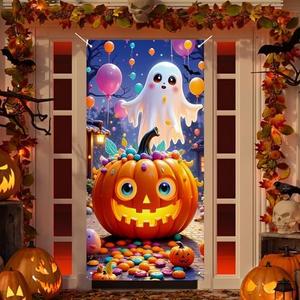 Halloween Door Cover, Funny Ghost Trick or Treat Front Porch Sign Banner, Cute Halloween Decoration and Supplies for Home