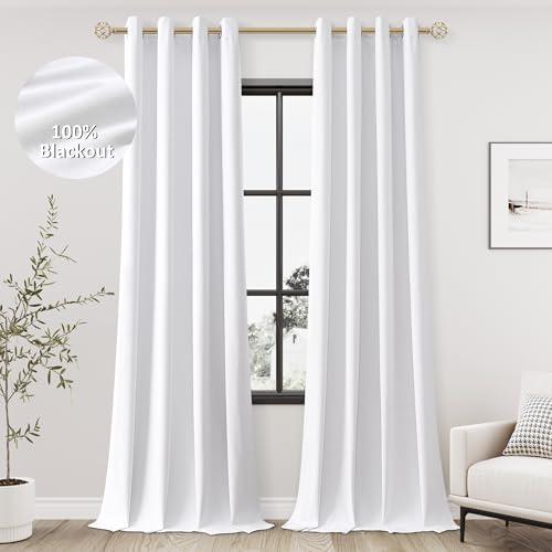 Jowels White Linen Blackout Curtains 120 Length 2 Panels Set for Living Room Bedroom, 100% Black Out Thermal Insulated Linen Drapes, Room Darkening Grommet Curtains 120 Inches Long