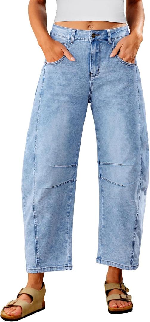 Utyful Barrel Jeans Women Cropped Baggy Trendy High Waisted Distressed Loose Stretch Denim Trouser Jeans with Pockets (Blue, XL)