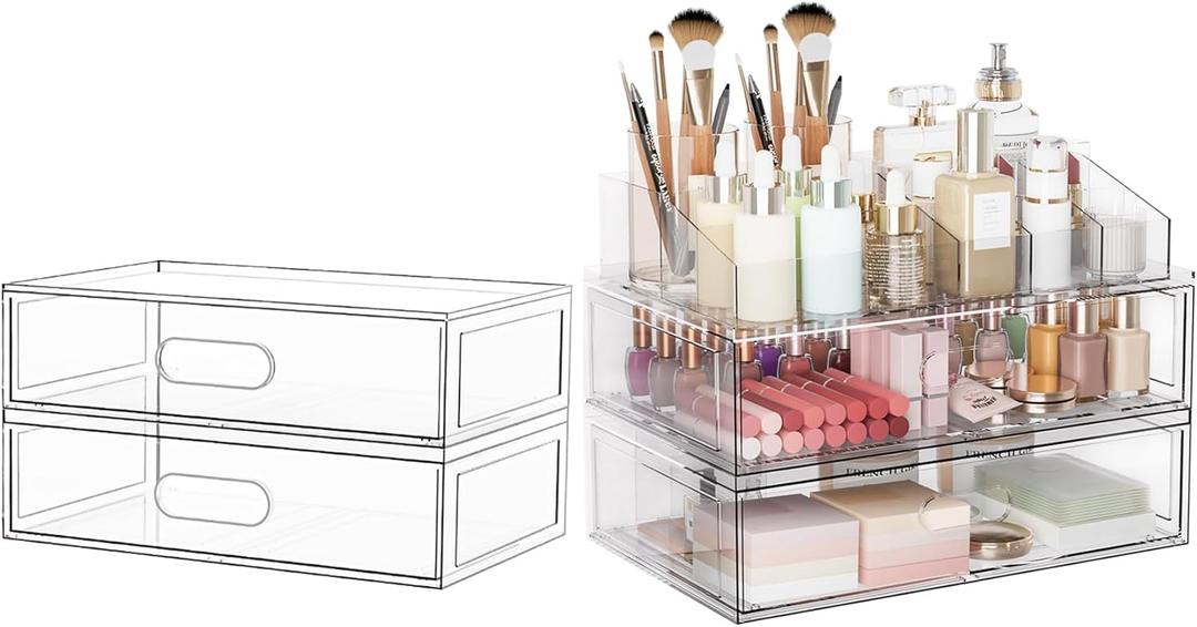 Clear Stackable Makeup Organizer with Drawer, 12''W Acrylic Storage Drawers, Cosmetic Display Case for Vanity Bathroom Countertop, Beauty Holder for Lipstick Brush Skincare Perfume