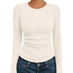 AUTOMET Women's Long Sleeve Blouses Shirts with Ribbed Knit Work Office Basic Tops Small, White 