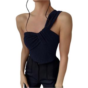 GORGLITTER Women's Twist Front One Shoulder Bodysuit Sleeveless Backless Asymmetrical Neck Tank Top Jumpsuits Blue Medium