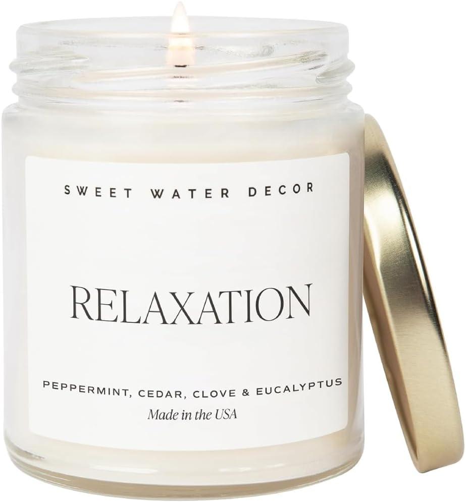 Sweet Water Decor Relaxation Candle - Soy Eucalyptus, Peppermint, and Clove Scented Spa Candles for Home - 9oz Clear Jar + Gold Lid, 40+ Hour Burn Time, Made in The USA (Text Label)