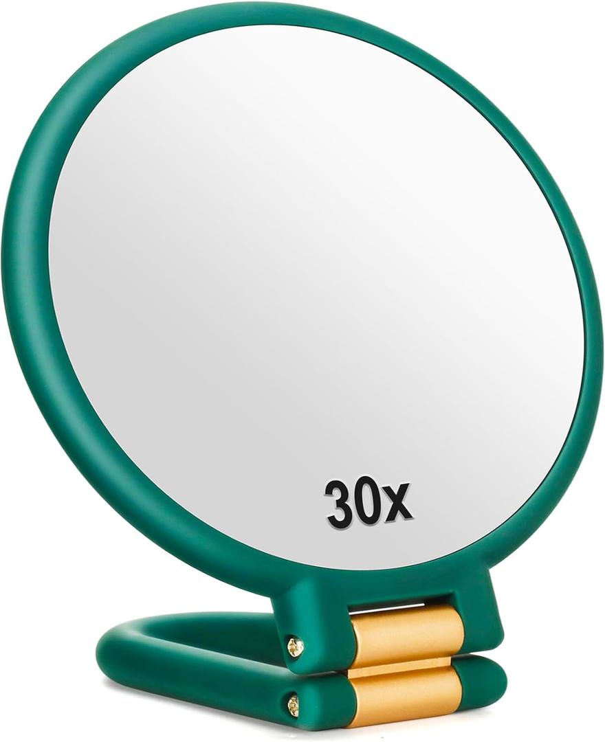 30x Magnifying Mirror, Travel Hand Mirrors with Handle - Double Side Handheld Mirror with 1X 30X Magnification & Adjustable Handle/Stand, Hand Held Foldable Travel Mirror for Makeup(Army Green)