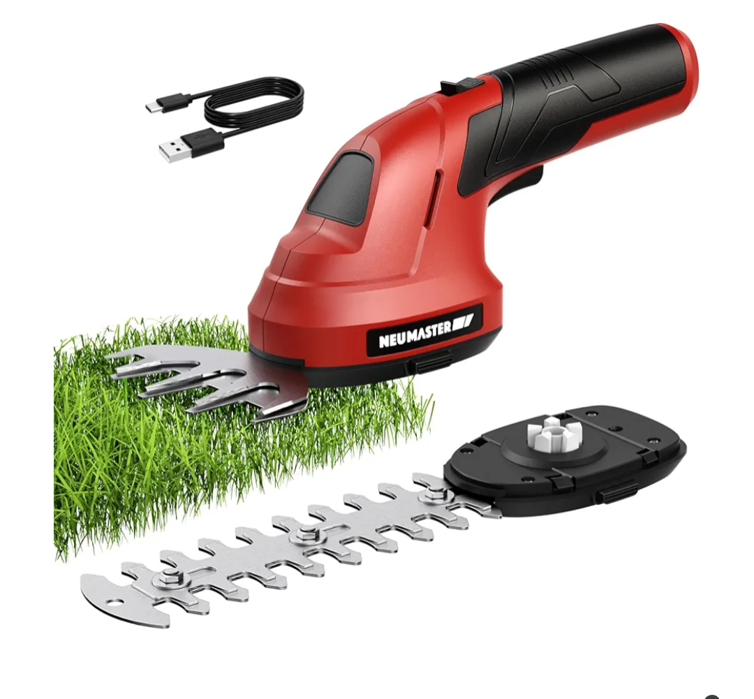 NEU MASTER Cordless Grass Shear, 2-in-1 Handheld Hedge Trimmer, 7.2V Electric Grass Trimmer with Type-C Cable and 2.0Ah Rechargeable Battery, Lightweight Shrubbery Trimmer for Garden Yard Lawn