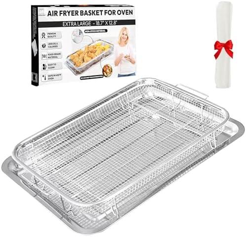 Extra Large Air Fryer Basket for Oven, OvenCrisp 18.7" X 12.8" Oven Air Fryer Basket and Tray Set With 30PCS Parchment Papers, Stainless Steel Air Fryer Pan and Crisper Tray for Frying Baking