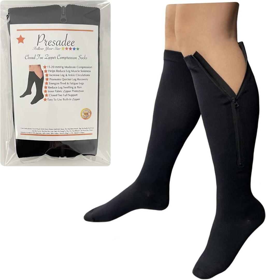 Presadee Closed Toe 15-20 mmHg Zipper Moderate Compression Leg Circulation Socks (Black, S/M)